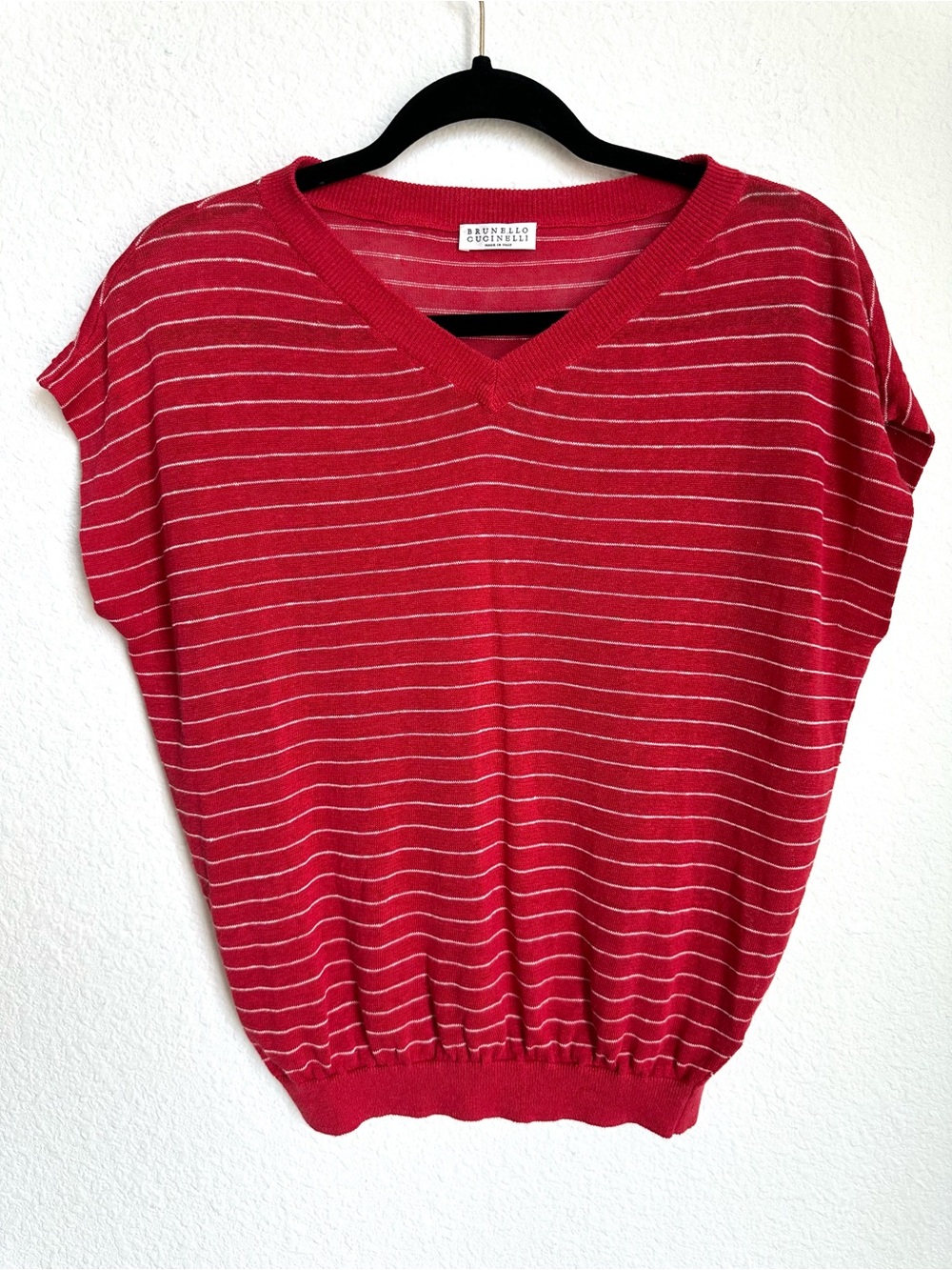 Brunello Cucinelli V-Neck‎ Short Sleeve Knit top red striped linen chain trim XS